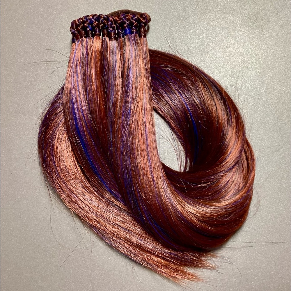 Hand Crafted Rich Auburn and Blue Ponytail Extension